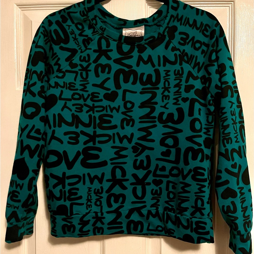 Disney Boutique Women's M Graffiti Sweatshirt, Teal, Mickey Minnie All Over